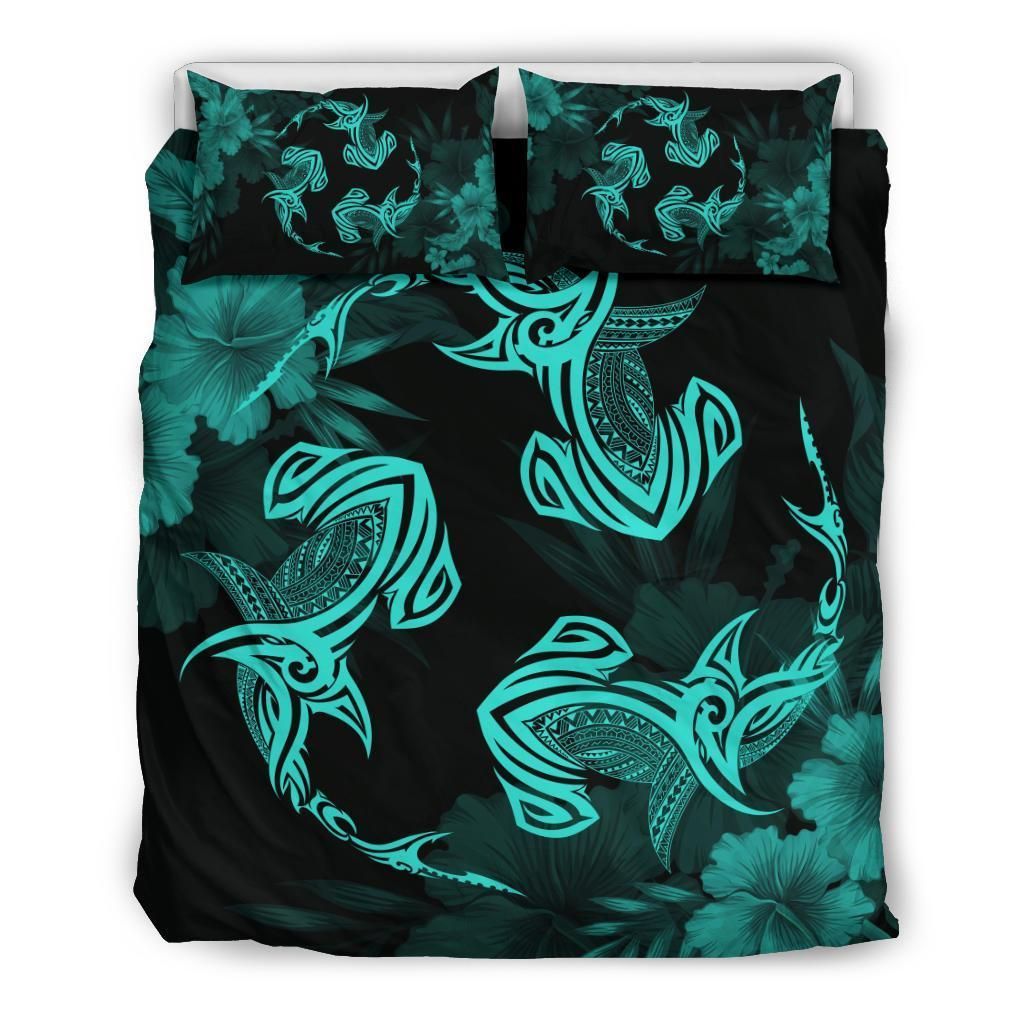 Alohawaii Bedding Set – Cover And Pillow Cases Hawaiian Hammerhead Shark Hibiscus Turquoise Polynesian – Ah – J4