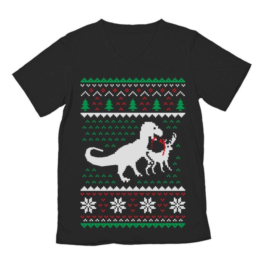 Ugly Christmas Sweater T-Rex VS Reindeer Funny Gift V-Neck T-Shirt