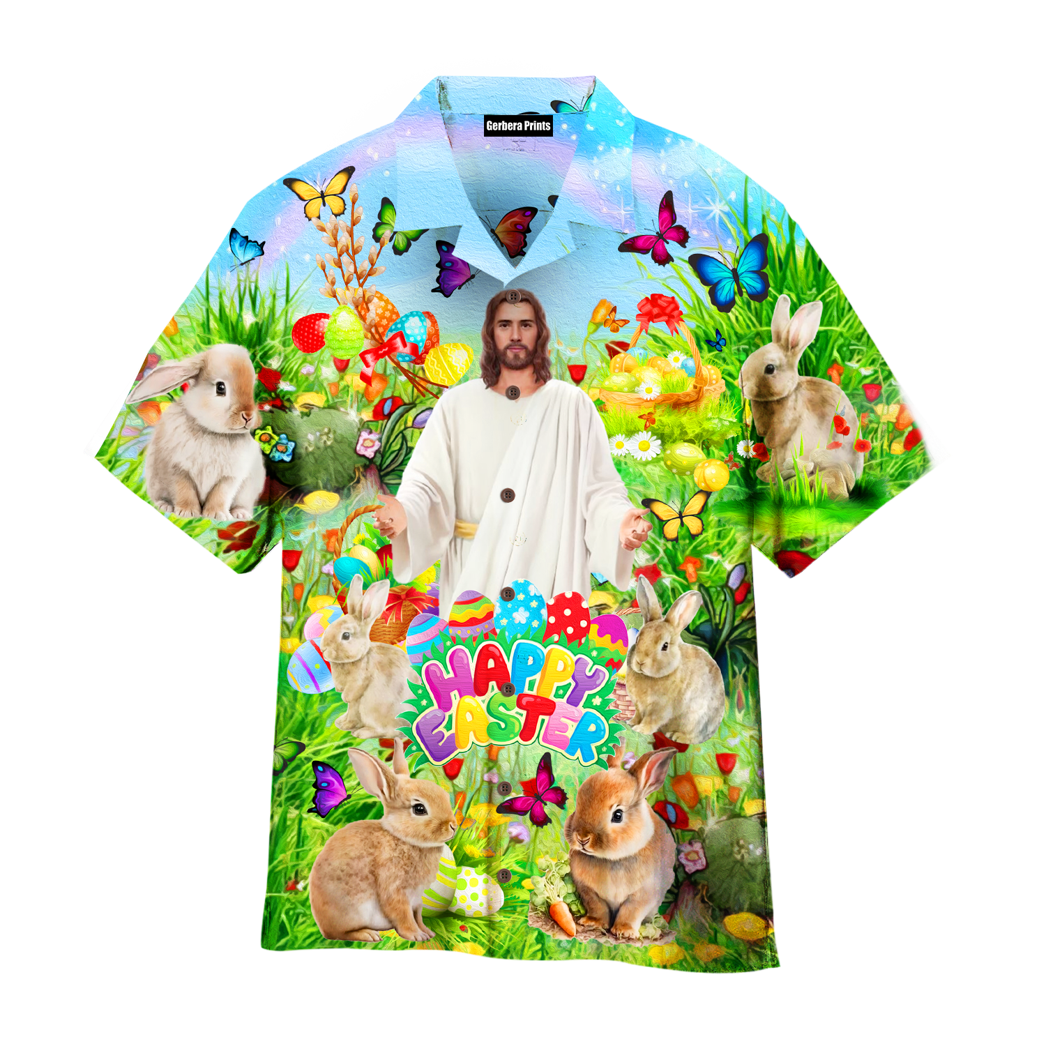 Jesus Happy Easter Rabbit Chilling In The Flower Landscape Art Style Aloha Hawaiian Shirts For Men And For Women Wt2249