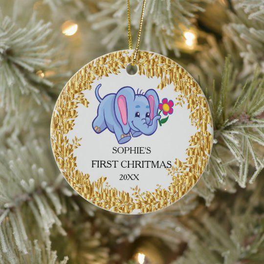 Personalized Ornament Sweet Elephant Girl Baby’S First Christmas Customized Circle Ornament