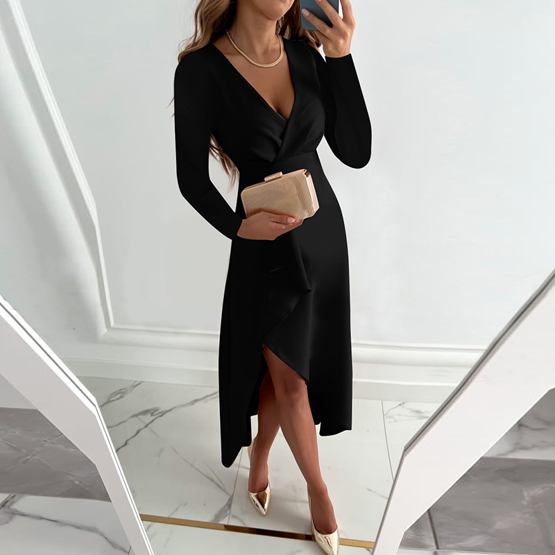 Summer Sexy V Neck Party Dress Women Elegant Solid Long Sleeve Split Up Long Dress Boho Fashion Office Lady Dresses 2022 alx