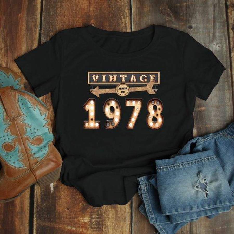 Women’s Vintage T Shirt 1978 Birthday Shirt 40th Birthday Tee Light Bulb Marquee Sign Retro Gift Idea