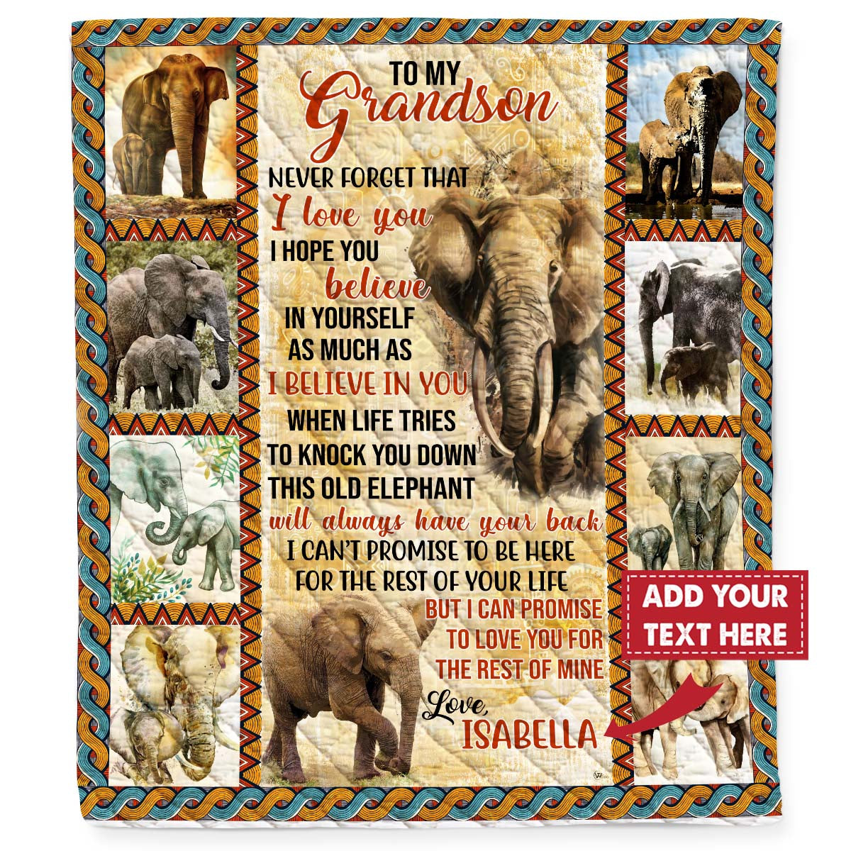 Personalized Custom Grandma Nana Grandpa Name To My Grandson This Old Elephant Quilt Blanket