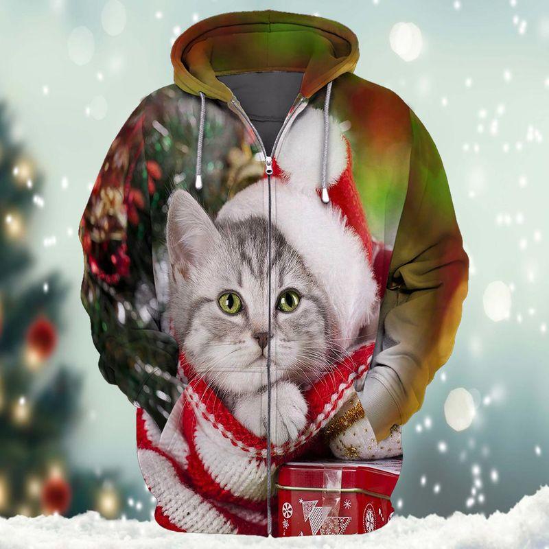 Cute Cat In Red Christmas Sweater Are Xmas Gifts For Cat Lovers 3D Zipper Hoodie