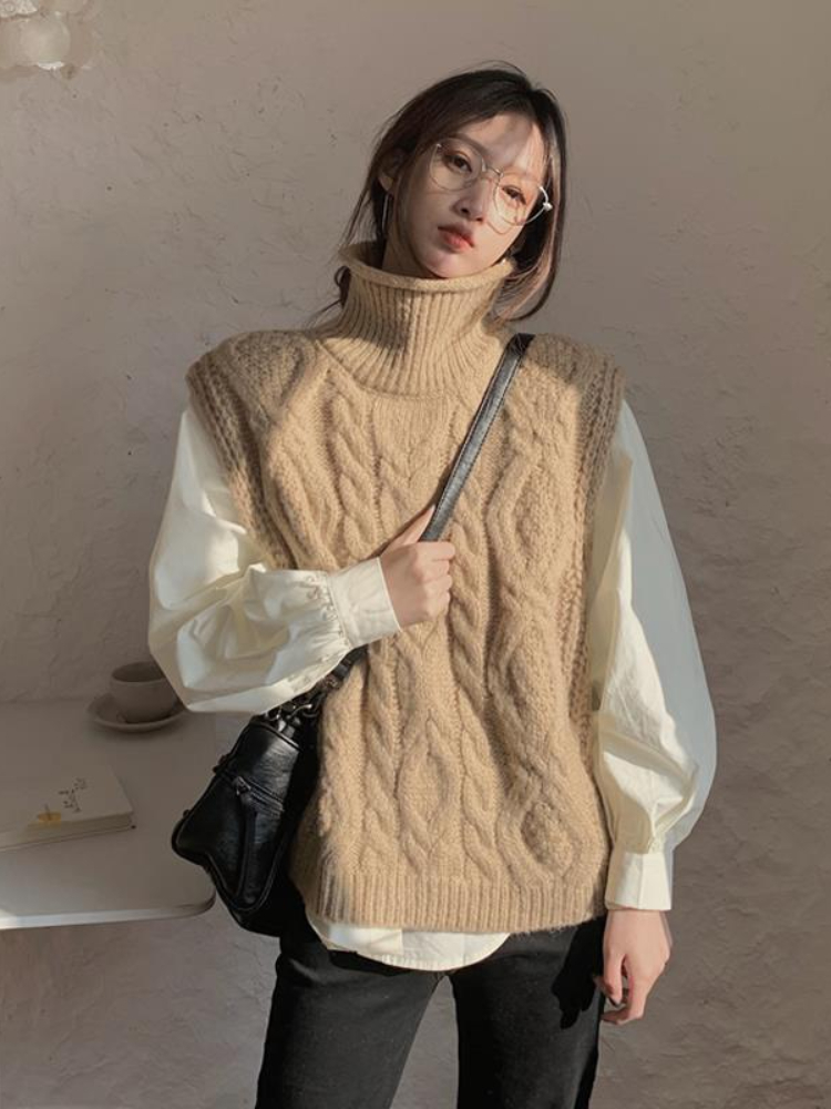 Sweater Vests Chic Solid Ulzzang Turtleneck Simple Sleeveless Tops Females Harajuku Gentle Streetwear Spring Newest Popular Ins alx