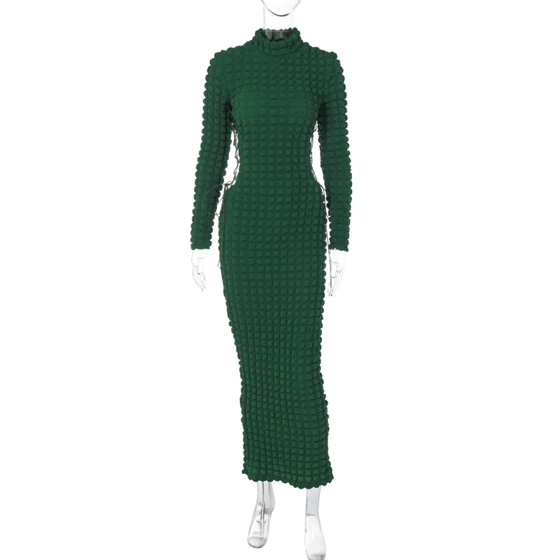 2022 Long Sleeve Turtleneck Sexy Bodycon Maxi Dress Women Hollow Out Bandage Party Club Dresses Outfits Green Y2K Autumn Winter alx