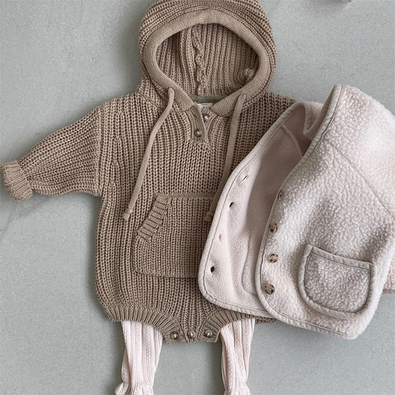 Autumn Winter Baby Boy Knit Rompers Infant Toddler Ribbed Girls Cotton Hooded Knitted Pocket Sweater Jumpsuit Knit Baby Romper alx