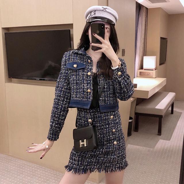 Woman Plaid Two Piece Set Female Single Button Top Sweater Cardigan and Bodycon Mini Skirts Sets Ladies Fashion Casual Sets G207 alx