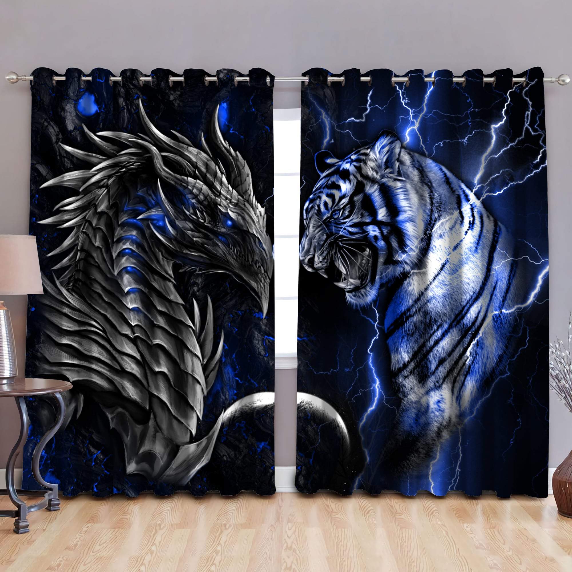 Tmarc Tee Blue Dragon And Tiger Thermal Grommet Window Curtains Am092059S