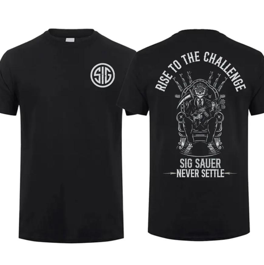Sig Sauer Rise To The Challenge Never Settle T-Shirt, Tactical Gear, Army, Top Menswear, 100% Cotton, Top Menswear, Outdoor Outfits, Full Colors, Full Sizes