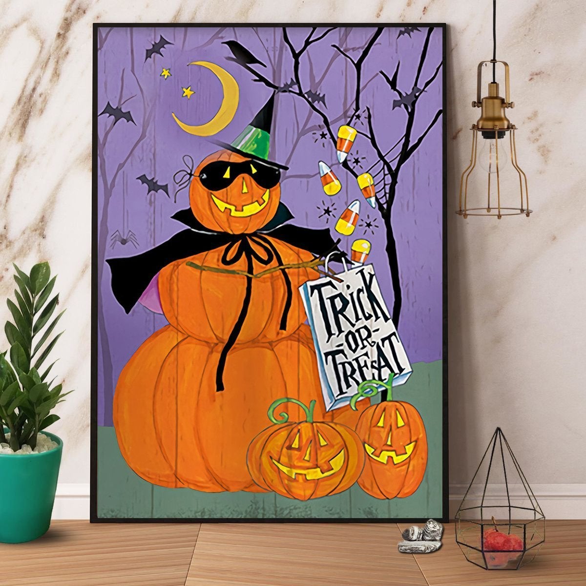 Happy Pumpkin Trick Or Treat Halloween Gift Paper Poster No Frame Matte Canvas, Wall Decor Visual Art Wall Decor