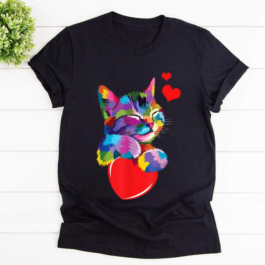 Colorful cute cat valentine’s day kitten lovers great valentine gift for cat lover black cotton t shirt for men and women S-6XL