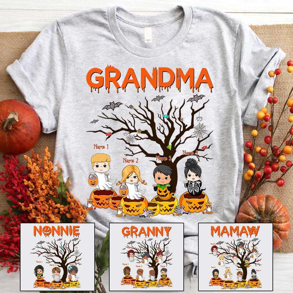 Grandma’S Litte Ghouls Tree And Pumpkins Halloween Shirt, Grandma Halloween Shirt, Custom Grandma With Grandkids Name Shirt