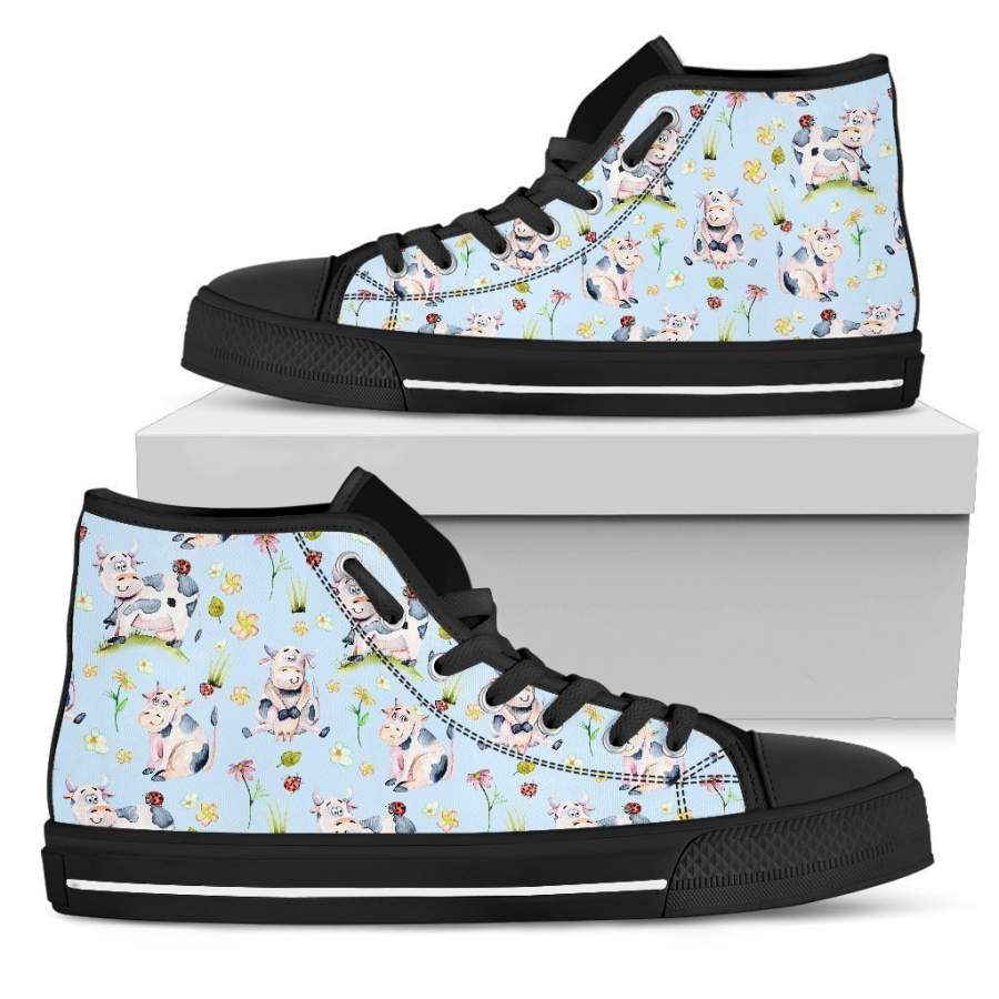 Watercolor Cartoon Cow Pattern Print Women’s High Top Shoes