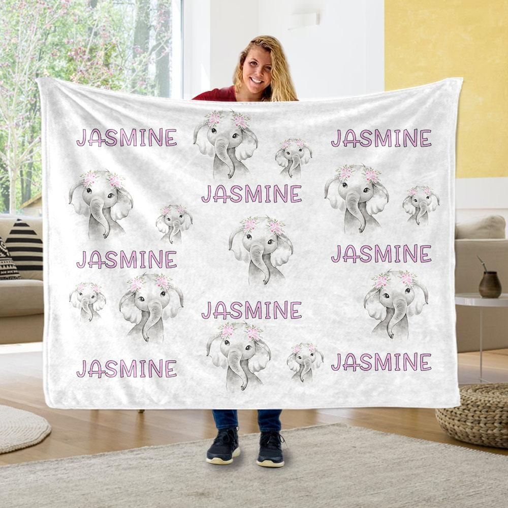 Jasmine Floral Baby Elephant Custom Text Name Fleece Blanket