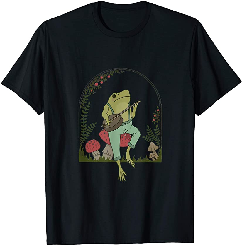 Cute Cottagecore Aesthetic Frog Playing Banjo On Mushroom T-Shirt