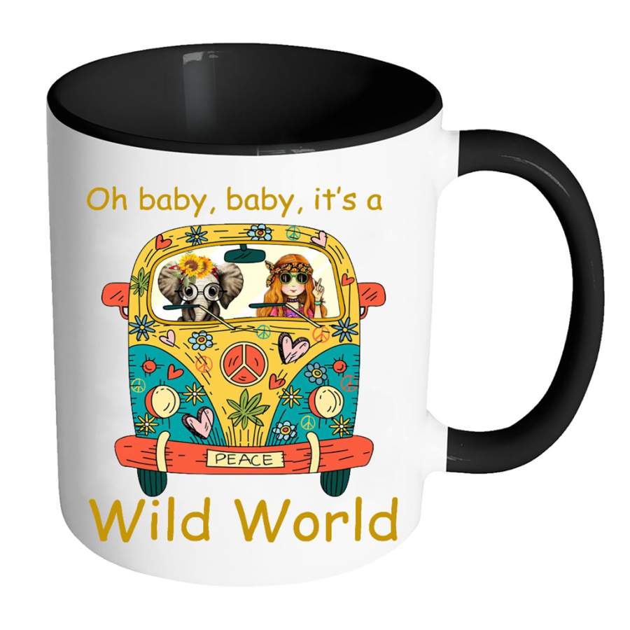 Oh Baby Baby It’s A Wild World, Hippie Car Girl, Peace Sign, Elephant Design – Full-Wrap Coffee Colors Accent Mug