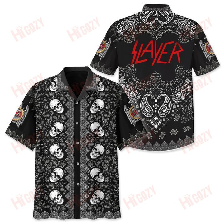 Beach Shirt Slayer Band Paisley Pattern Hawaii Aloha Skull Short Sleeve Ha30260