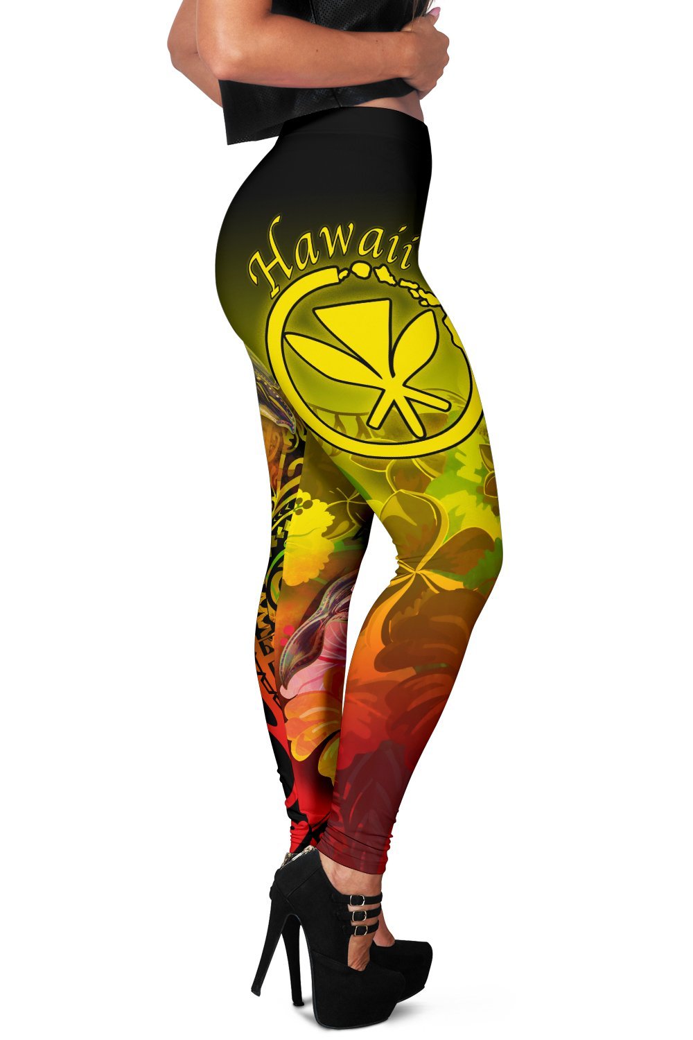 Polynesian Hawaii Women’s Leggings – Kanaka Maoli Humpback Whale with Tropical Flowers (Yellow)- BN18