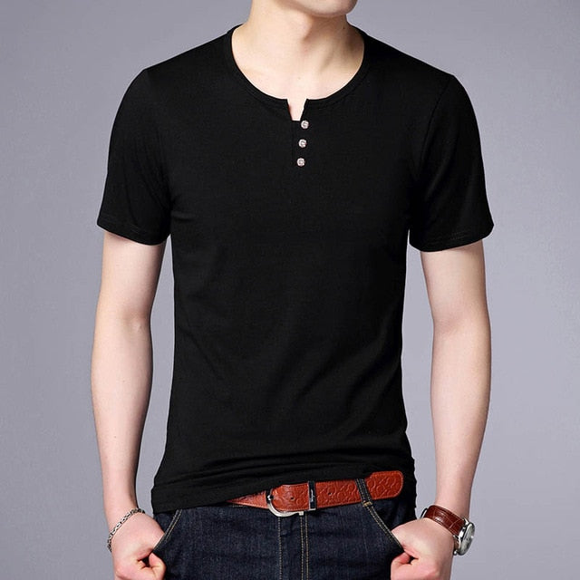 Solid Color Trending O Neck Cotton Buttoned Tees