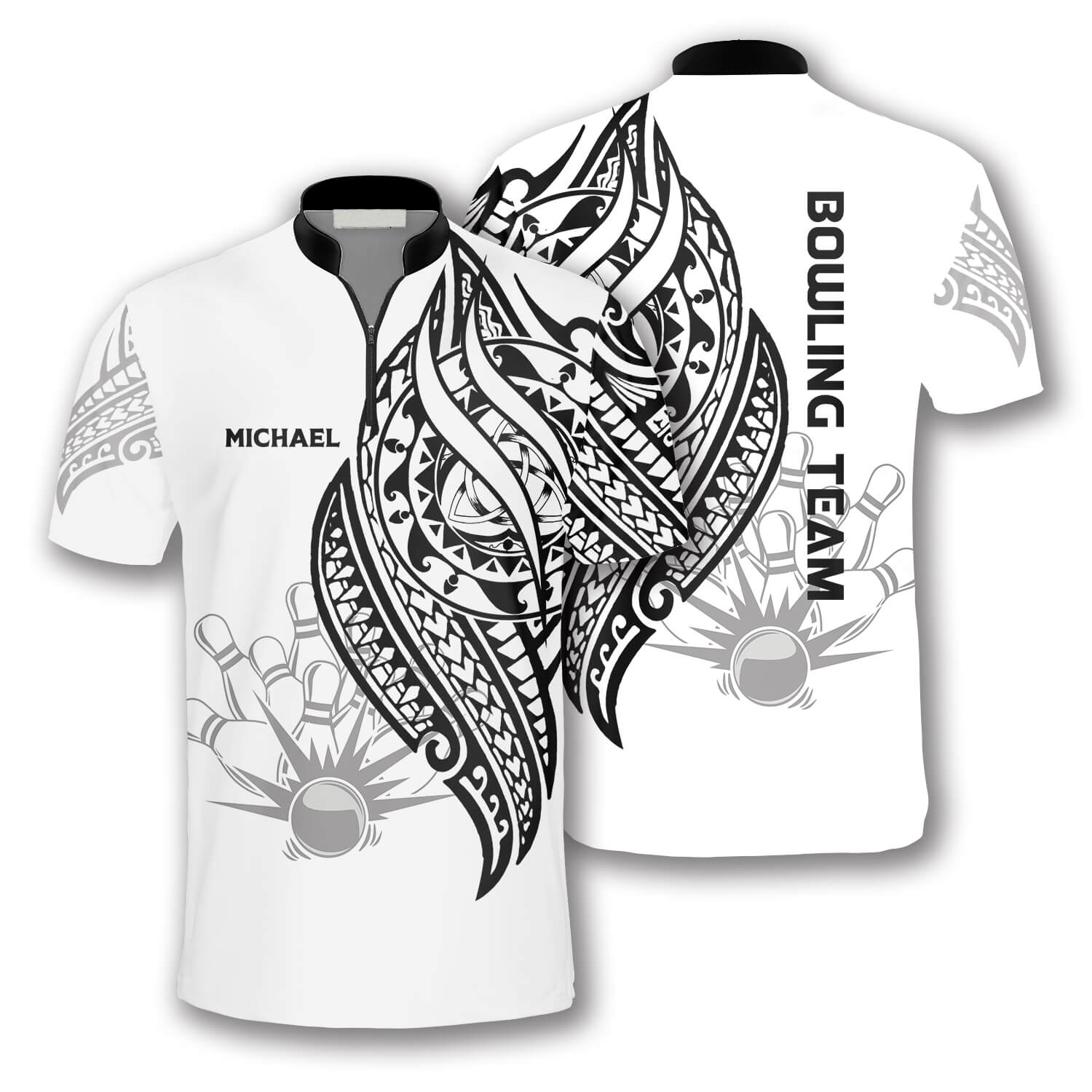 White Tribal Custom Bowling Jerseys For Men, Custom Name Team Bowling Shirt