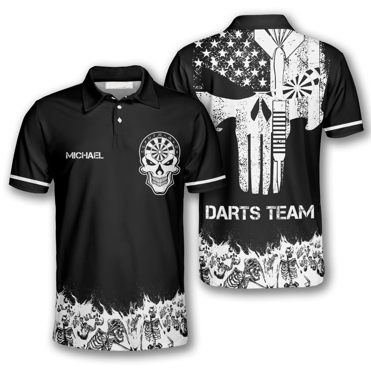 Skull Skeletons Black White Version Custom Darts Shirts For Men, Shirt Uniform Team Dart