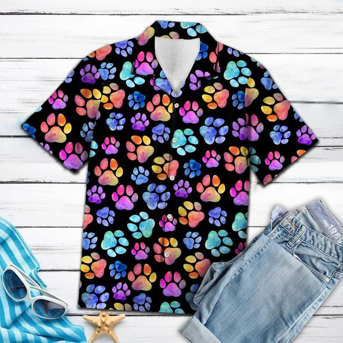 Colorful Dog Pawprint Tropical Polyester Hawaii Shirt Ha95828