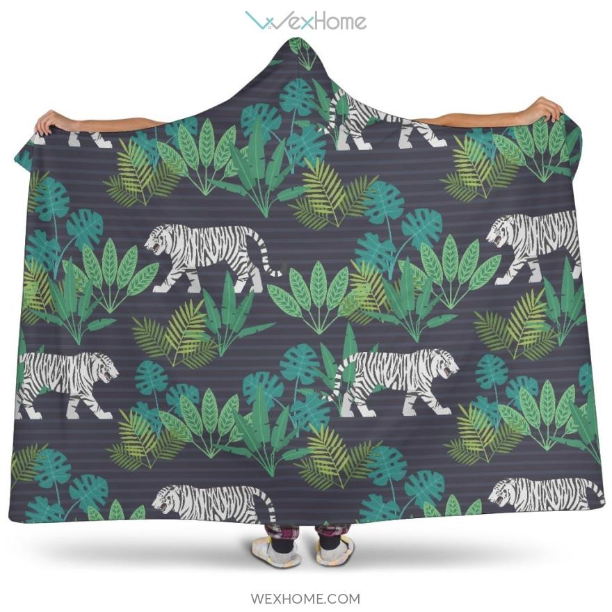 White Bengal Tigers Tropical Plant Hooded Blanket