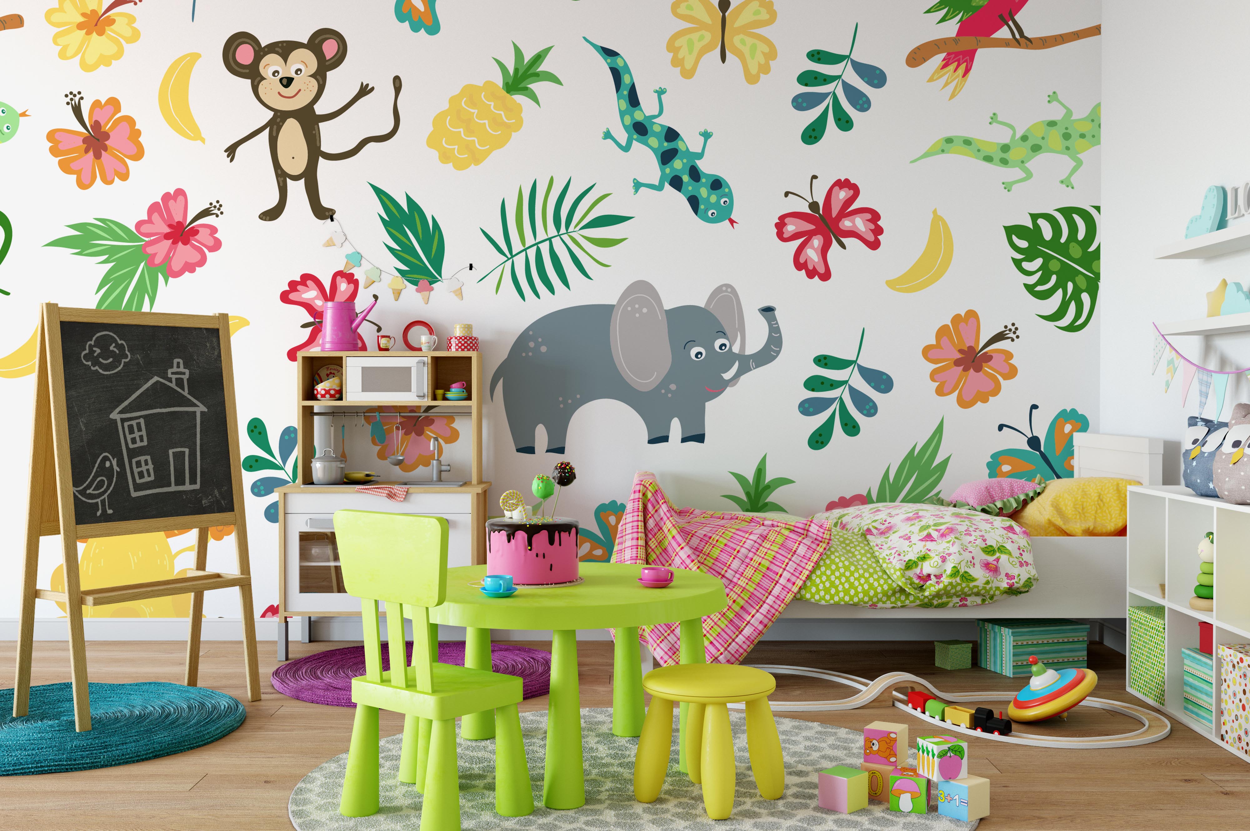 3D Cartoon Animal Leaves Wall Mural Wallpaper 125