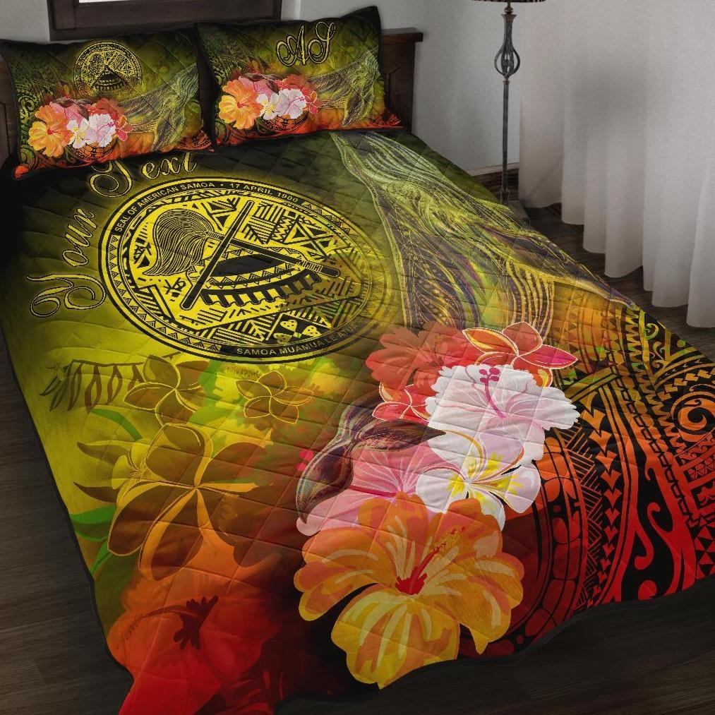 American Samoa Polynesian Custom Personalised Quilt Bed Set – Humpback Whale With Tropical Flowers