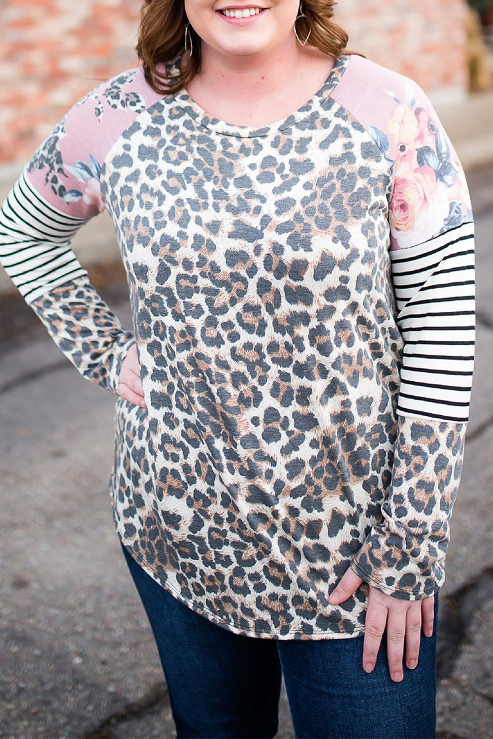 Plus Size Leopard Stripe Floral Patch Crew Neck Long Sleeve Top