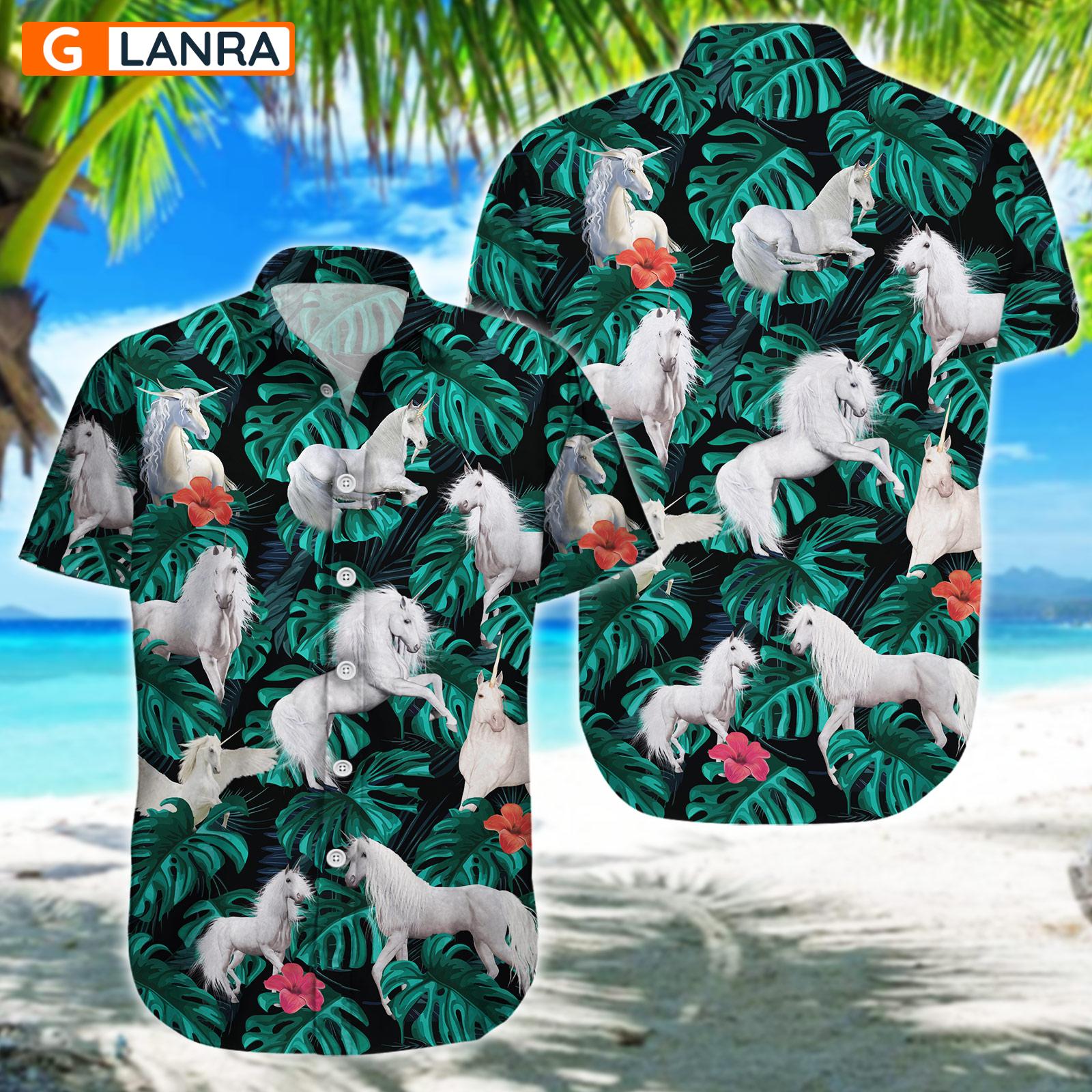 Unicorn Palm Leaves Flower Button Shirt, Unicorn Button Shirt, Summer Unicorn Hawaiian Shirt, Unicorn Leaf Hawaiian Shirt, Summer Tropical Shirt