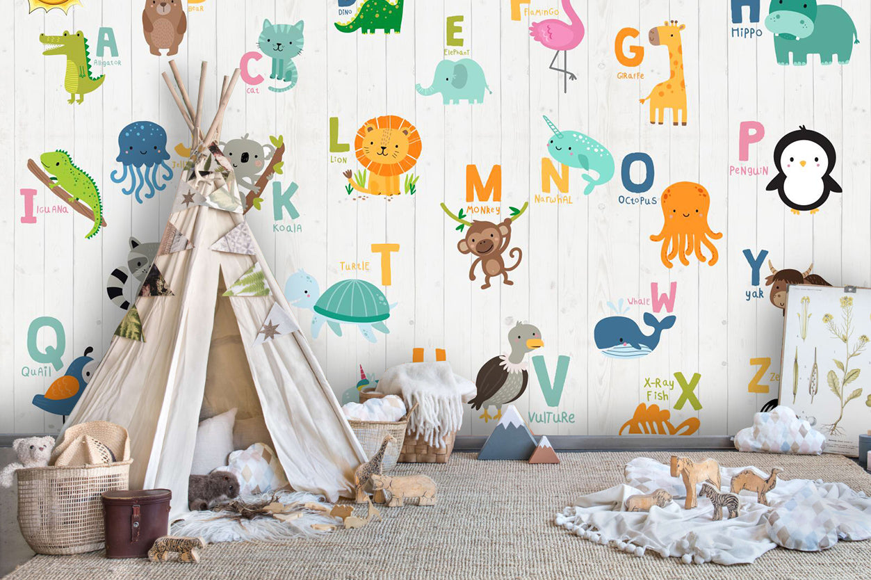 3D Cartoon Colorful Animals Letters Wall Mural Wallpaper 04