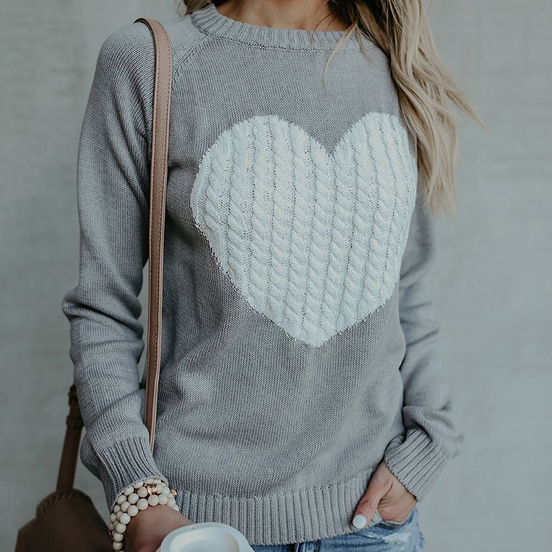 Women Autumn Winter Casual Patchwork Pullovers Women O-neck Knitted Sweaters Heart Cute Long Sleeve Pullover Knitting Sweater alx