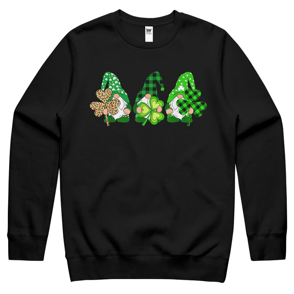 Three Gnomes Holding Shamrock Plaid Leopard St Patrick’S Day Crewneck Sweatshirt