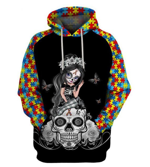 Autism Gift Skull Gift Autism Sugar Skull Girl Awareness Kid And Adult Hoodie Autism Awareness