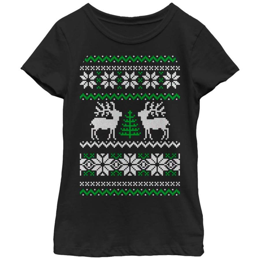 Lost Gods Girl’s Ugly Christmas Tree Reindeer  T Shirt Black