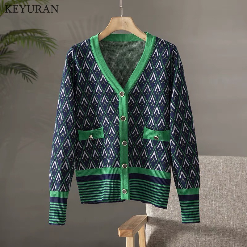 2022 Autumn Winter Sweater Cardigans Women Single Breasted Long Sleeve Vintage Argyle Casual Loose Green Knitted Outwear Tops alx