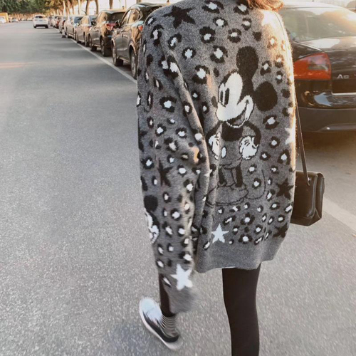 Women’s Leopard Print Stud for Autumn and Winter Knitted Cardigan Loose and Lazy Style Gray Knitted Sweater Coat for Ladies alx