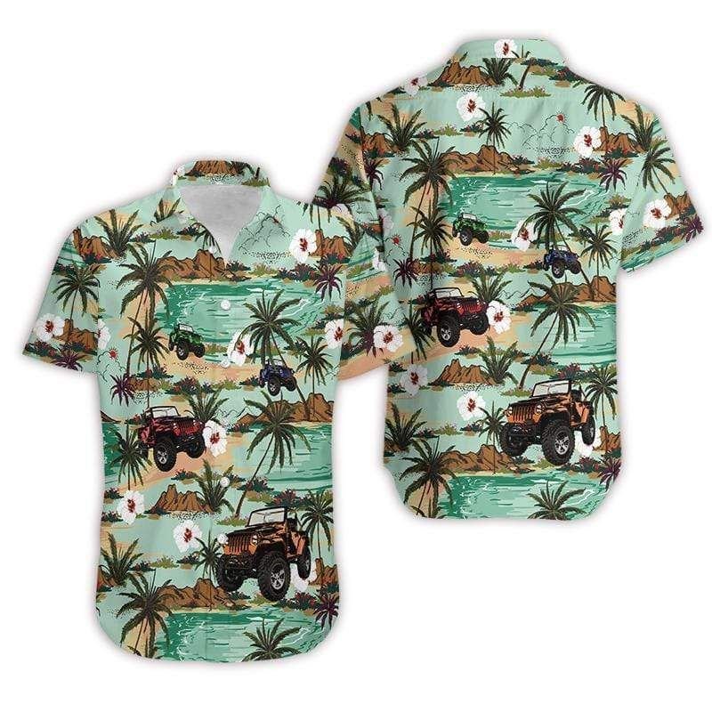 Awesome Jeep Tropical Green Brown Hawaii Aloha Shirts Ha58252