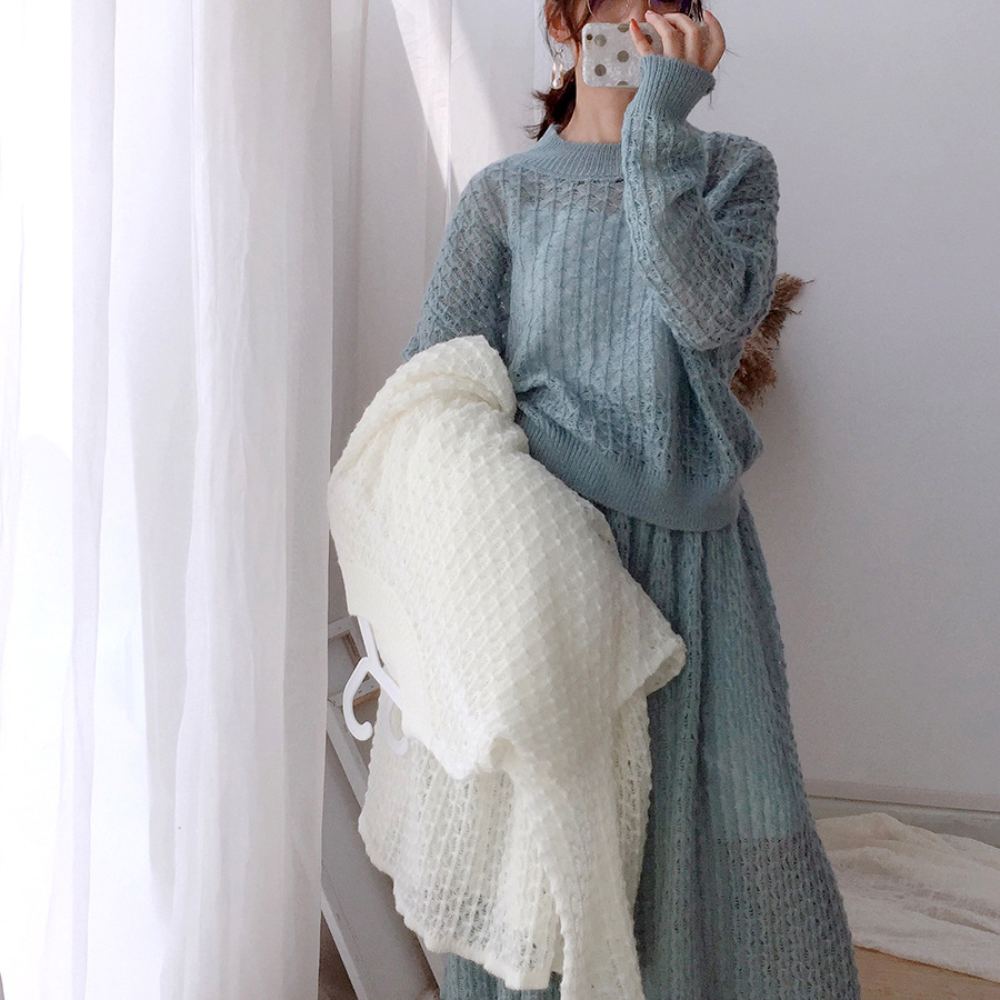 Women Office Lady Pullovers Sweater New Sweater Suit Skirt White Kawaii Loose Hollow Knitted Two-Piece Knitted 2 Pieces Set alx