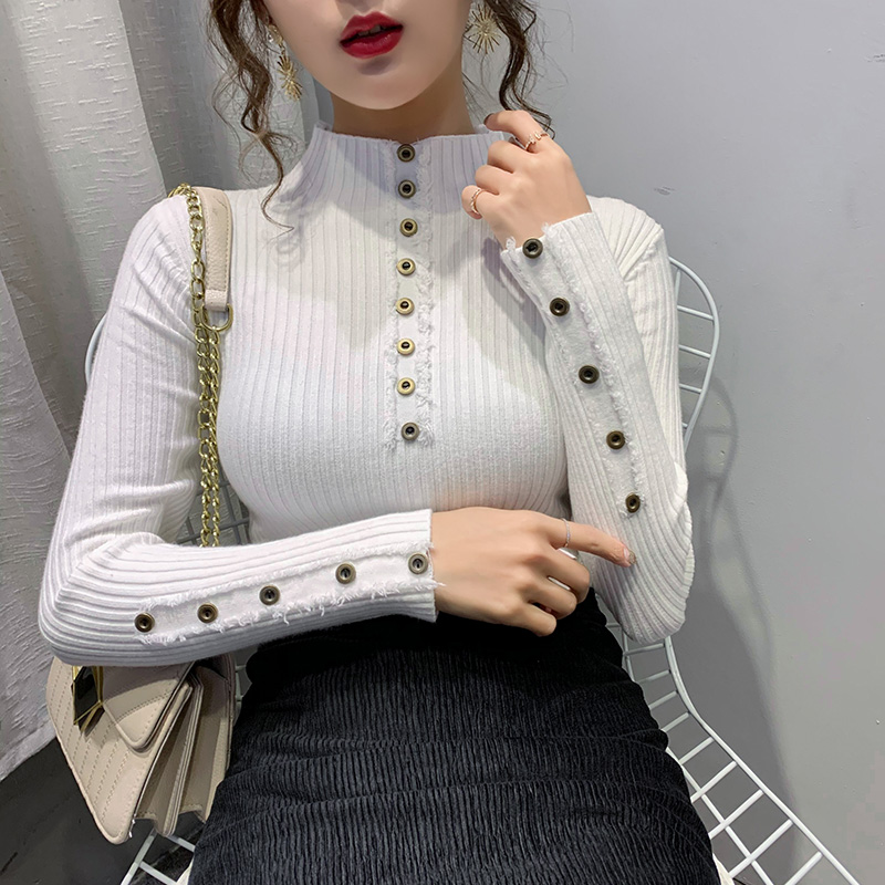 Women Buton Winter Pullovers 2022 Fashion Casual Long Sleeve Sweaters Korean Clothes Slim Sexy Elegant Basic White Black Sweater alx