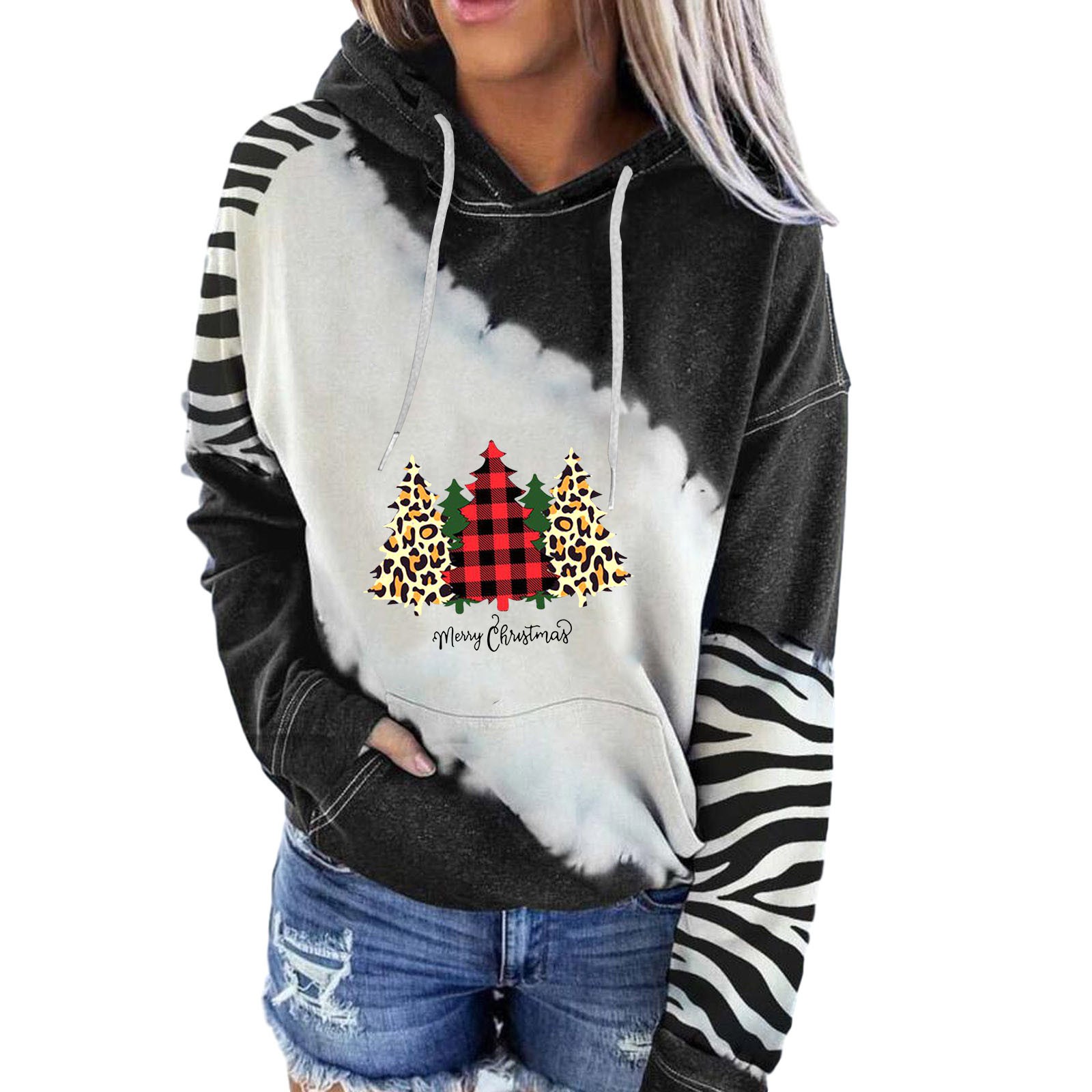 Women’s Christmas Printed Color Block Hooded Long Sleeve Pullover Casual Sweatshirt Women Autumn/Winter Casual Sweatshirts Top alx