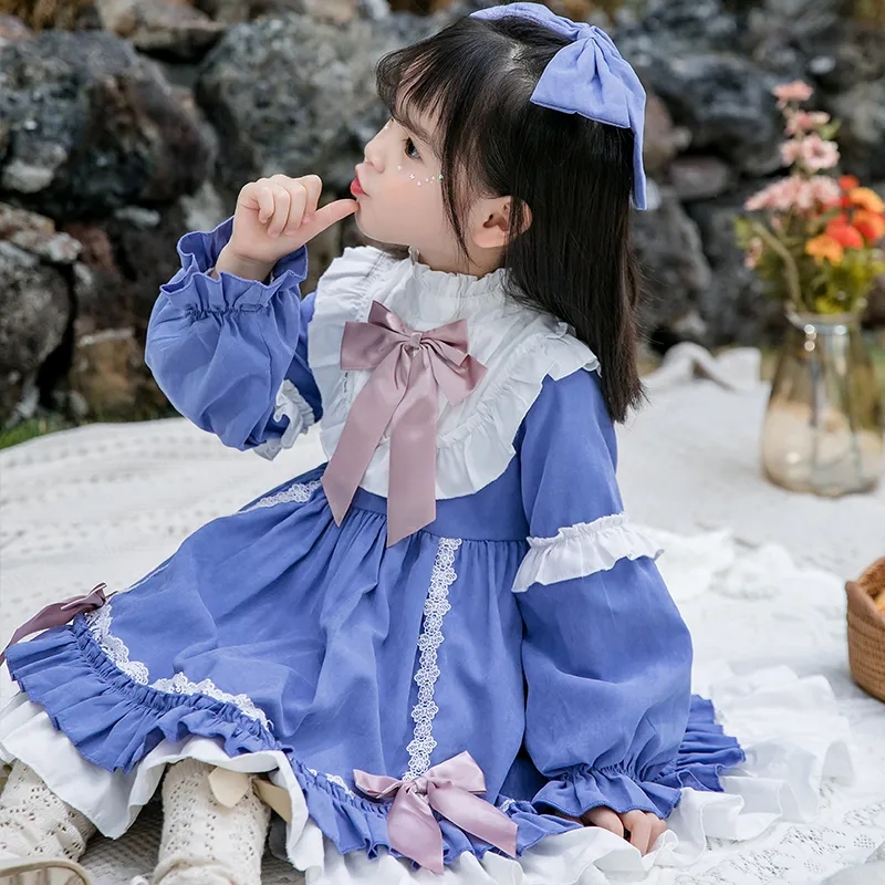 2022 Spring Summer Girls’ Skirts Lolita Style Blue Bow Pleated Dresss Baby Dress Princess Dress for Girls Ages 2 to 7 alx