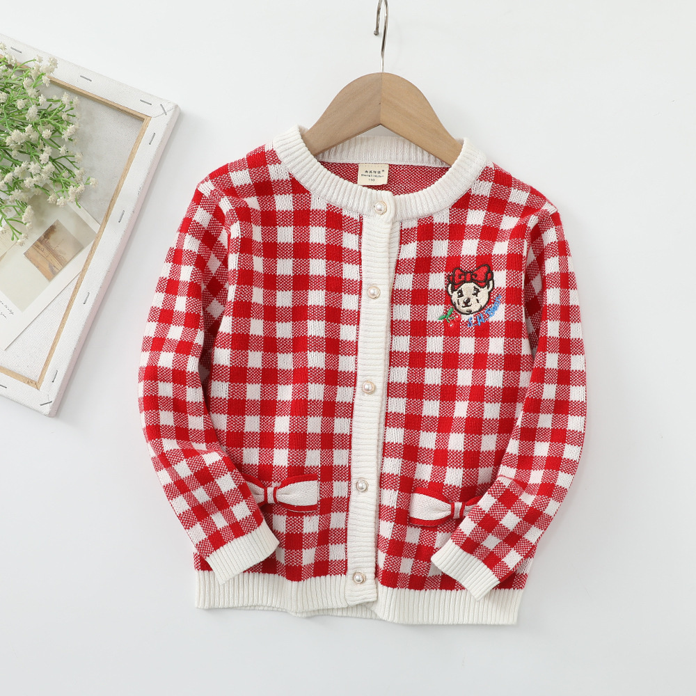 2022 New Arrivals Spring Korean Children’s Plaid Sweater Coat Red Lattice Girl’s Little Bear Girl Cardigan Kids Pullovers alx