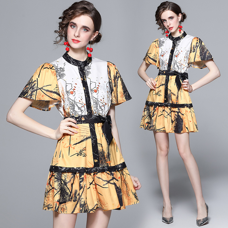 SummerFall Graffiti Print Stand Collar Short Sleeve Women Party Elegant Temperament Sweet and lovely Belt Bow Short Skater Dress alx