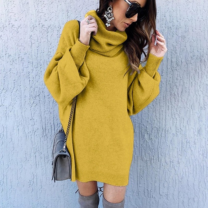 Women oversized lazy oaf turtleneck sweater long sleeve sweater dress yellow gray solid pollover 2020 alx