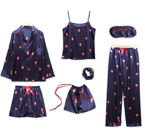 Spring Summer 7 Pcs Set Silk pijamas sexy Women Pajamas Print Shorts Long Sleeve Top Elastic Waist Pants Full Lounge Sleepwear alx