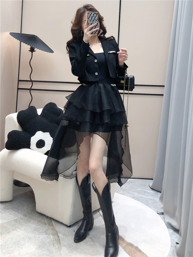 Spring Women Black Skirt Two Piece Set Diamond Short Black Ladies Suit Coat Irregular Mesh Long Skirt Suits Vintage Outfits alx