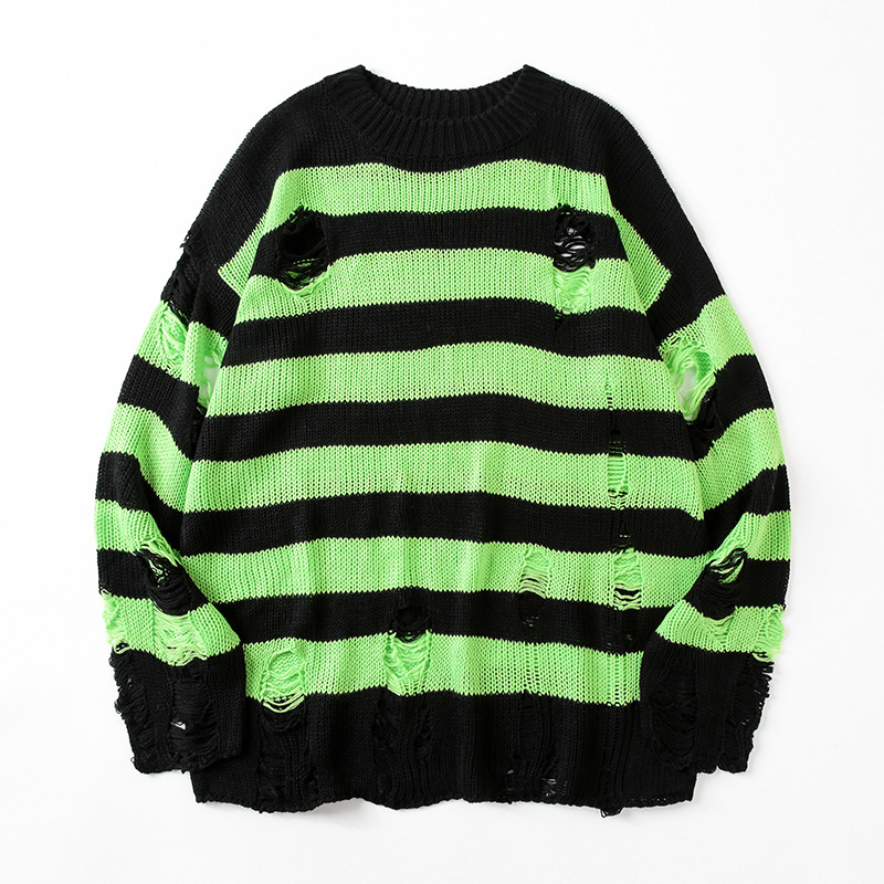 Striped Sweaters Men Hole Knit Jumpers Woman Oversized Pullover Crew Neck Harajuku Sweatshirt Autumn Fashion Hip Hop Streetwear alx